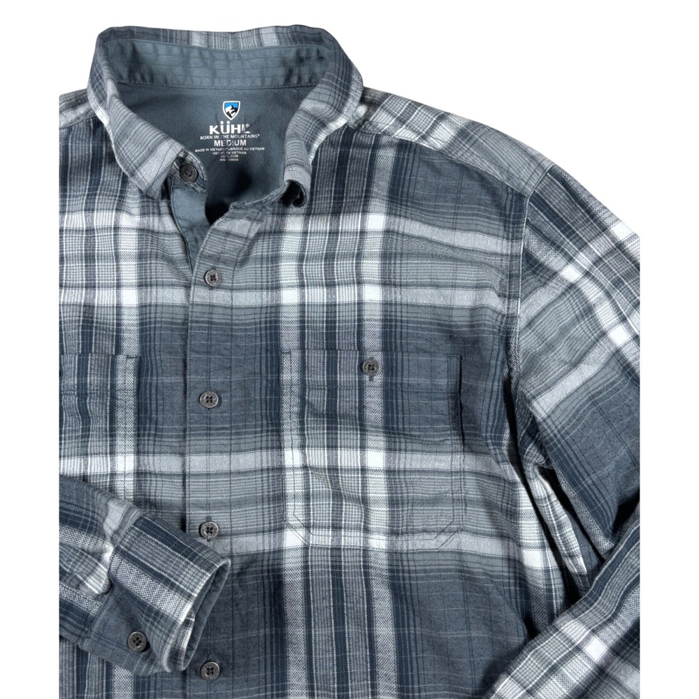 Kuhl Mens Gray Plaid Long Sleeve Button Down Shirt Size Medium Outdoor Casual